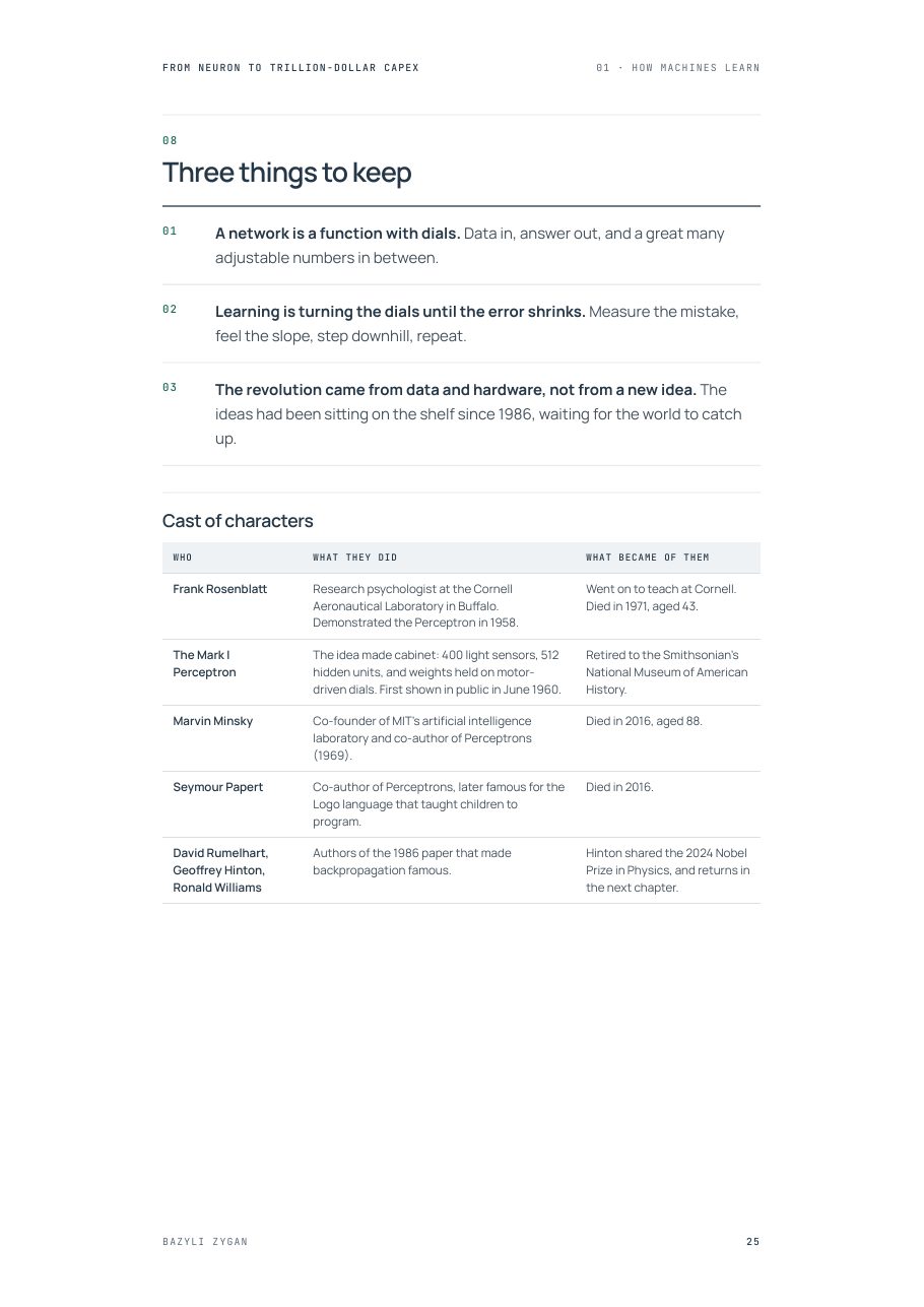 A page of the book: End of a chapter: the bill and three things to keep